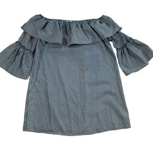 Flying Tomato Off Shoulder Tunic Women's Large Blue/White Chambray Ruffle Top